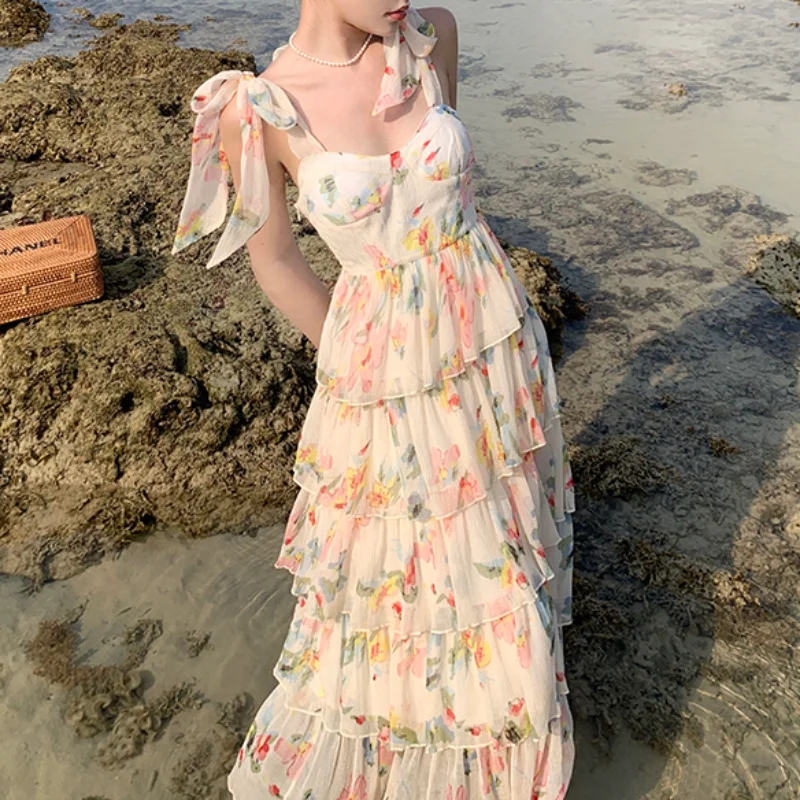 

Женское платье с оборками, элегантное вечернее платье на бретелях-спагетти с цветочным принтом и вырезом лодочкой, лето 2023