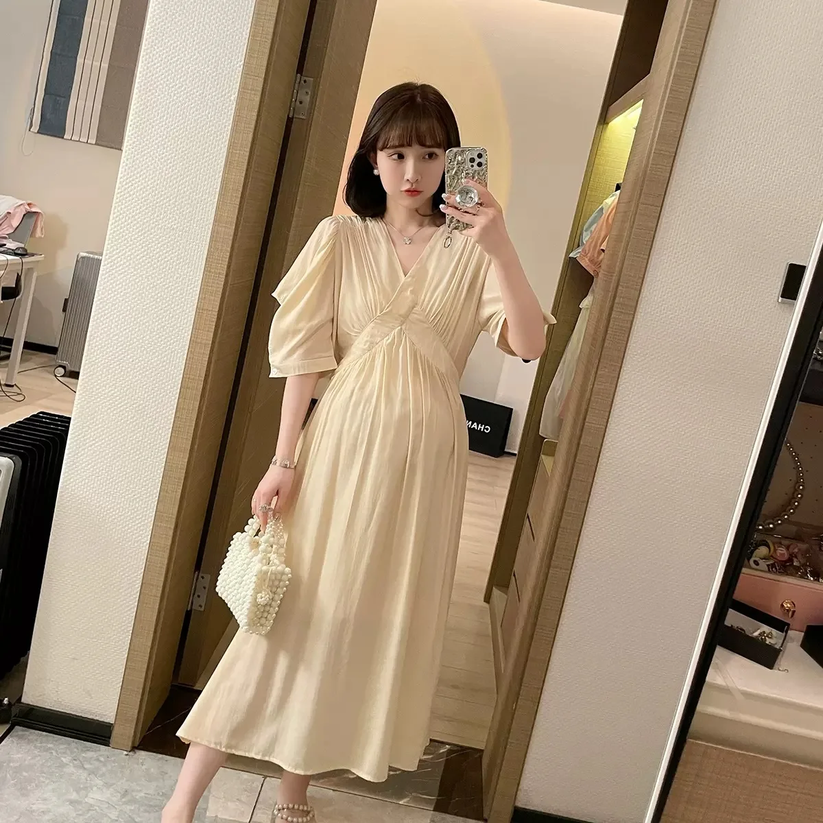

Maternity Clothes Elegant V-neck Versatile New Elegant Korean Wind Fashion 2022 Breathable Soft Pregnancy Dress for Photos Shoot