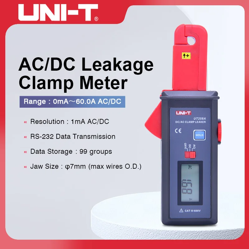 

UNI-T UT258A Auto Range AC DC Current Leakage Clamp Meter Digital 0mA-60.0A Ammeter 45Hz -200Hz 600V Current Clamp