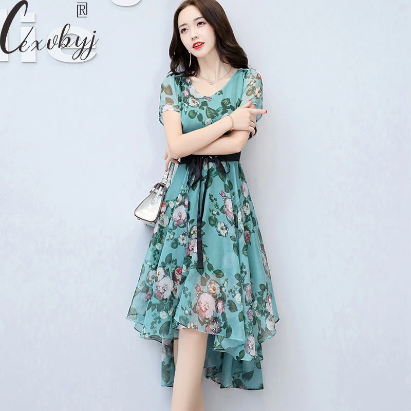 

Women Print V-Neck Mermaid Dress Korean Chiffon Fairy Dress Female Lace Up Waist Tulle Dress Short Sleeve Irregular Vestidos