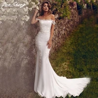 yunshang off the shoulder mermaid wedding dresses 2022 boat neck long train lace appliques bridal gown with belt custom made
