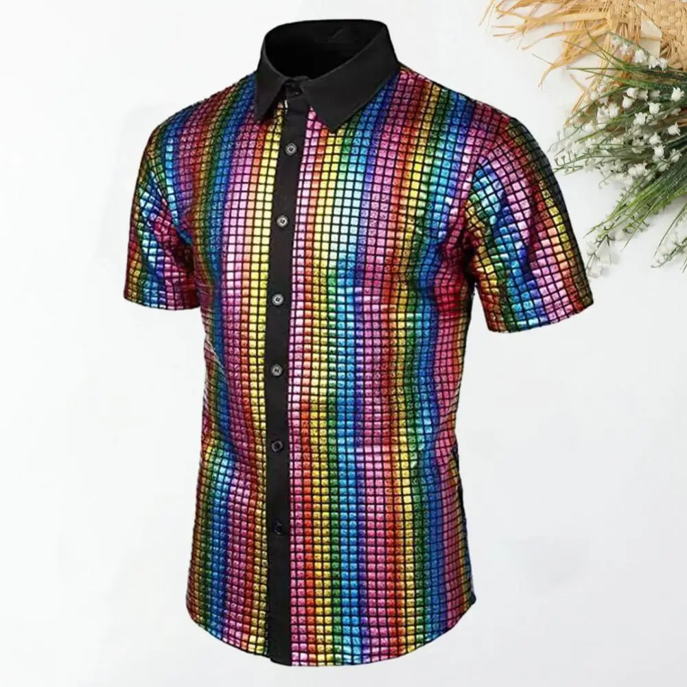 

Breathable Shirt Vintage 70s Disco Men's Club Shirt Reflective Shiny Sequins Turn-down Collar Short Sleeve Button Down Men