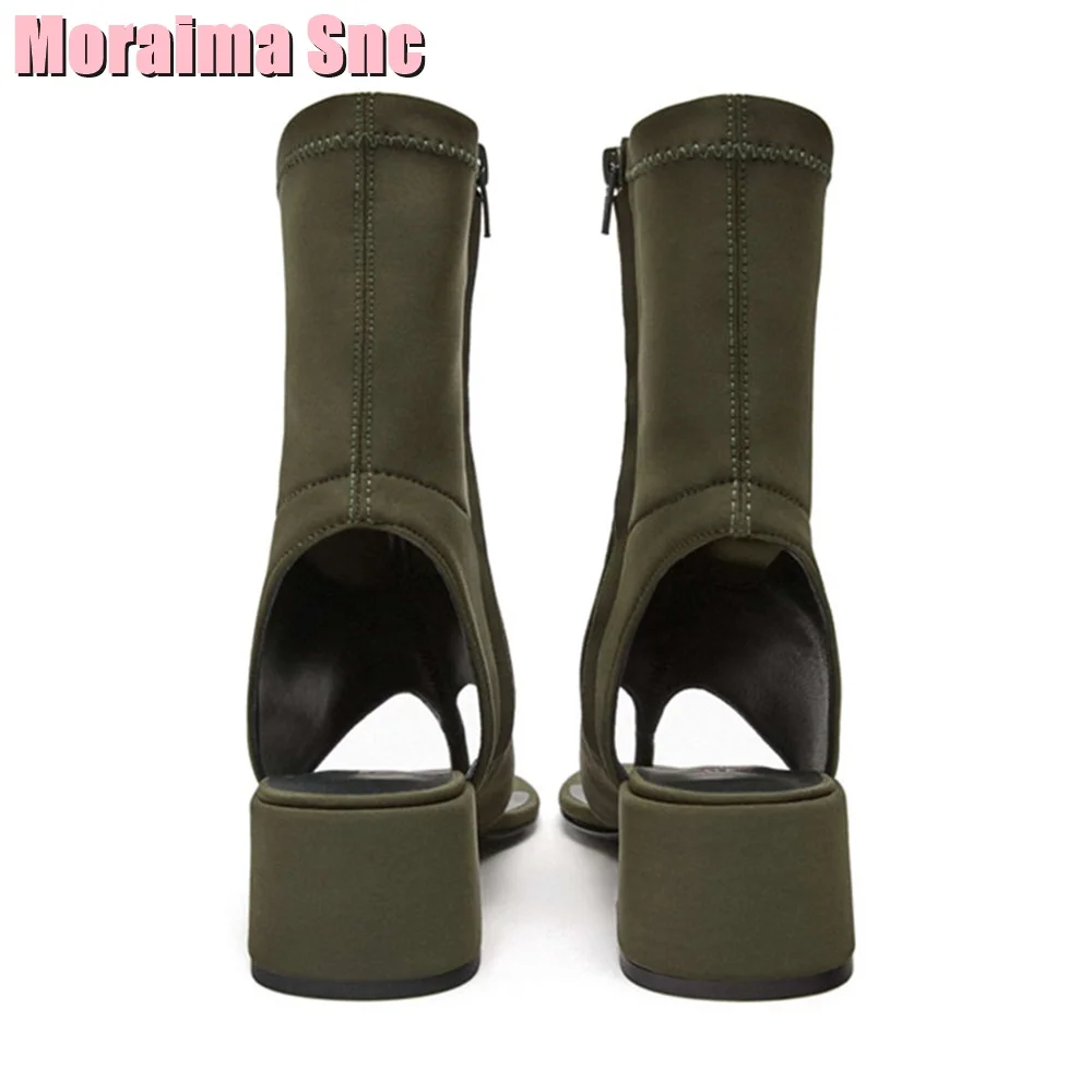 Clip Toe Lycra Slingback Ankle Boots Round Toe Side Zipper Block Mid Heel Army Green Solid Sexy Women Shoes Summer Fashion 2023
