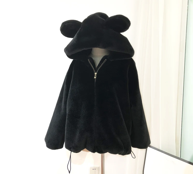 Young New Winter Imitation Fur Cute Hooded Bear Lamb Wool Mid-Length Coat Female