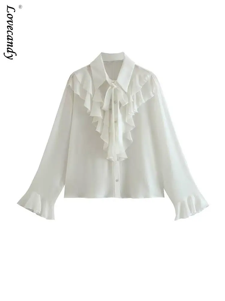

Женская шифоновая блузка с оборками, свободная блузка с отложным воротником и длинным рукавом, уличная одежда, весна 2023