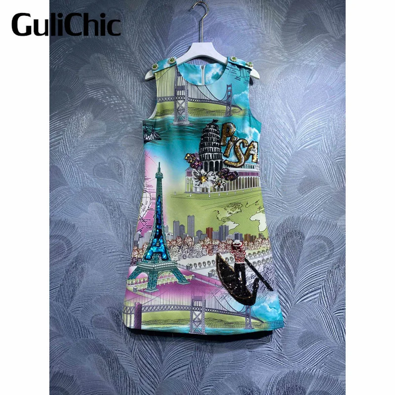 

3,25 GuliChic женское винтажное модное шикарное Элегантное платье без рукавов с блестками и принтом в стиле архитектуры