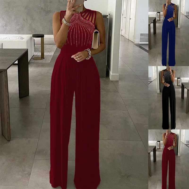 2022England Style Women Summer Solid Color Jumpsuits Hollow Out Design Diamond Decor O-Neck Sleeveless High Waist Slim Rompers