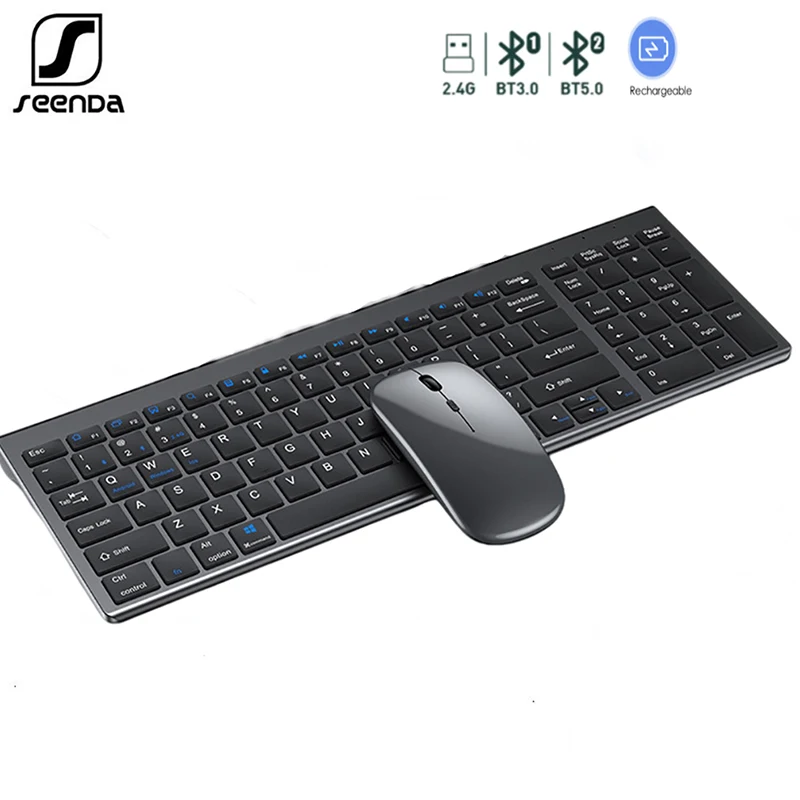 SeenDa Bluetooth Keyboard Three-mode Silent Full-size Keyboard Set Multi-Device Rechargeable Keyboard and Mouse for Laptop PC