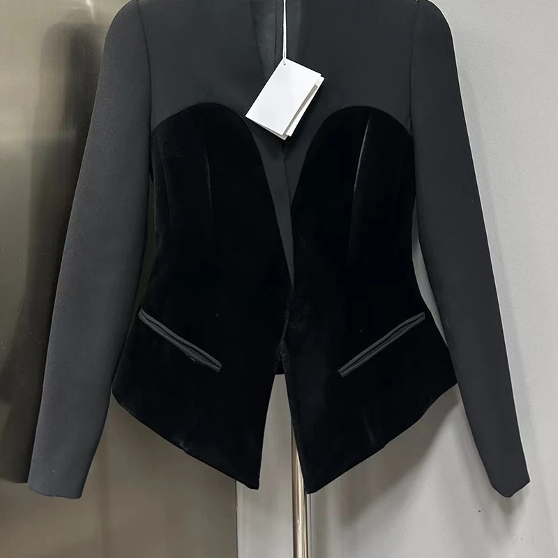 

Женская Классическая бархатная куртка без воротника, подиумная облегающая куртка с закрытой пряжкой, модная простая однотонная одежда Y2K, новинка