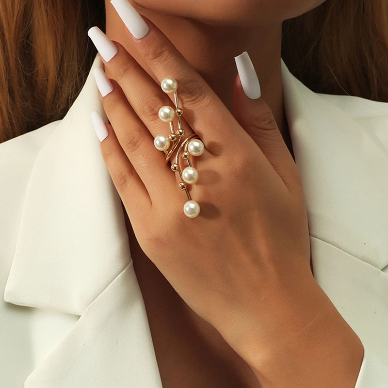 

European and American Fashion Exaggeration Double Layer Large Pearl Rings for Women Wedding Party Jewelry Gift Anillos Mujer