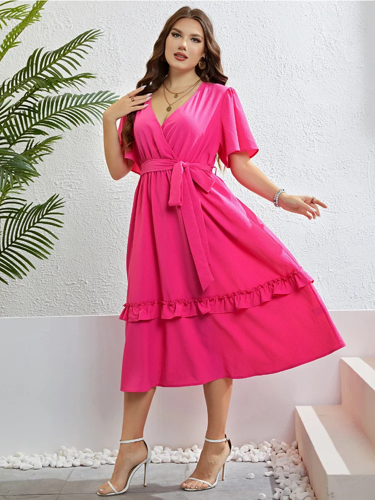 Summer rose red V-neck semi-cardigan plus size party dress elegant dresses for women