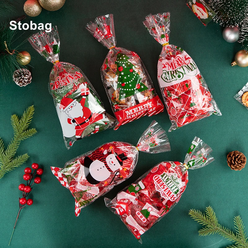 

StoBag 50pcs New Year Marry Christmas Bags Gift Packaging Candy Cookies Santa Claus Handmade Kids Happy Party Favors Supplies