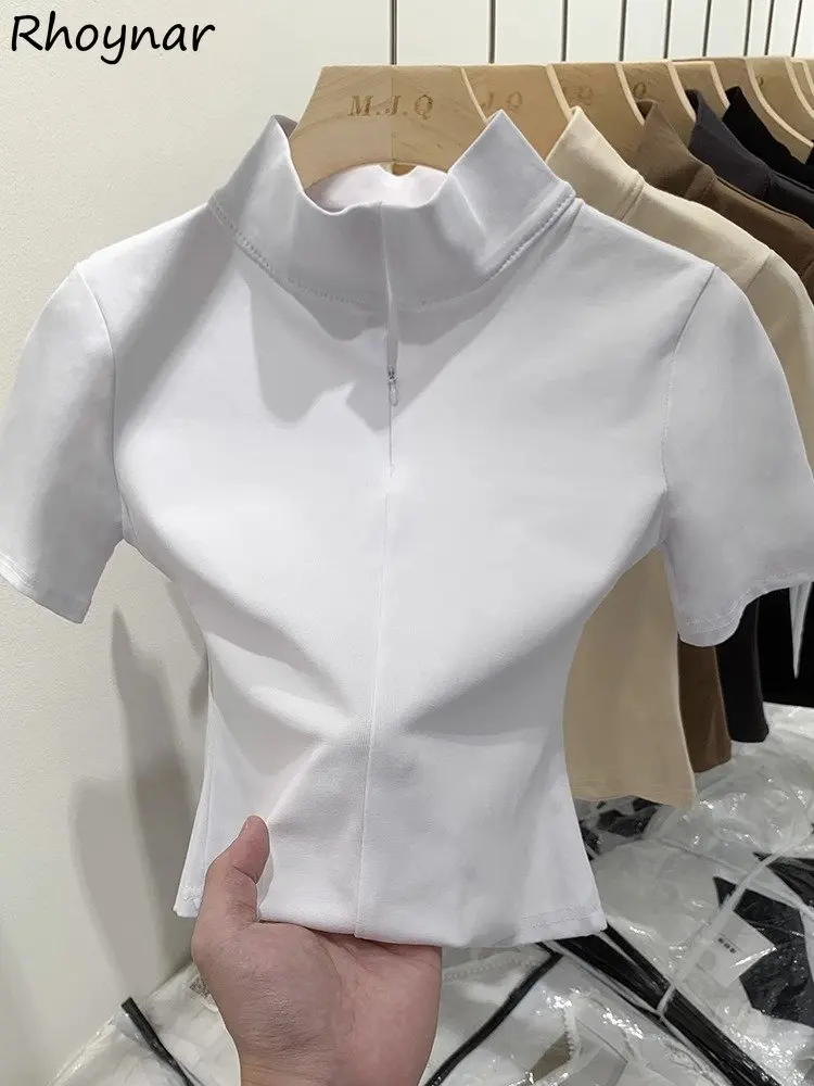 

T-shirts Women Clothes Harajuku crop top Slim Stand Collar L-4XL Pure Summer Zip-up Temper European Streetwear Vintage Camisetas