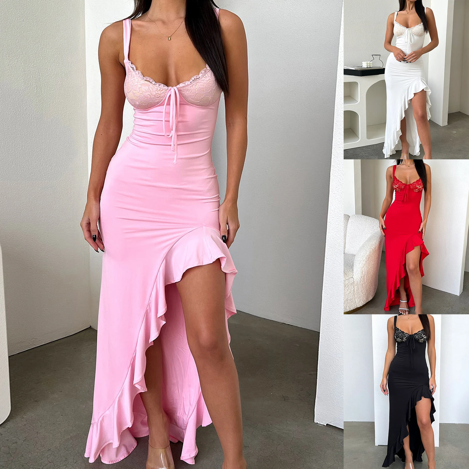 

Women Sleeveless Dress Lace Up Side Split Dress Solid Color Spaghetti Strap Female Sexy Summer Dress