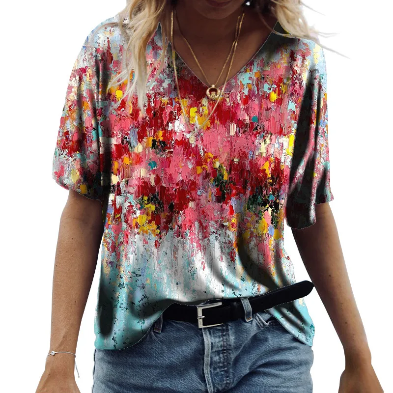 

Oil Painting 3D Print T Shirt Women Clothes 2022 Summer Short Sleeve V-Neck Loose Tops Casual Ladies Tie Dye Floral Print Tshirt