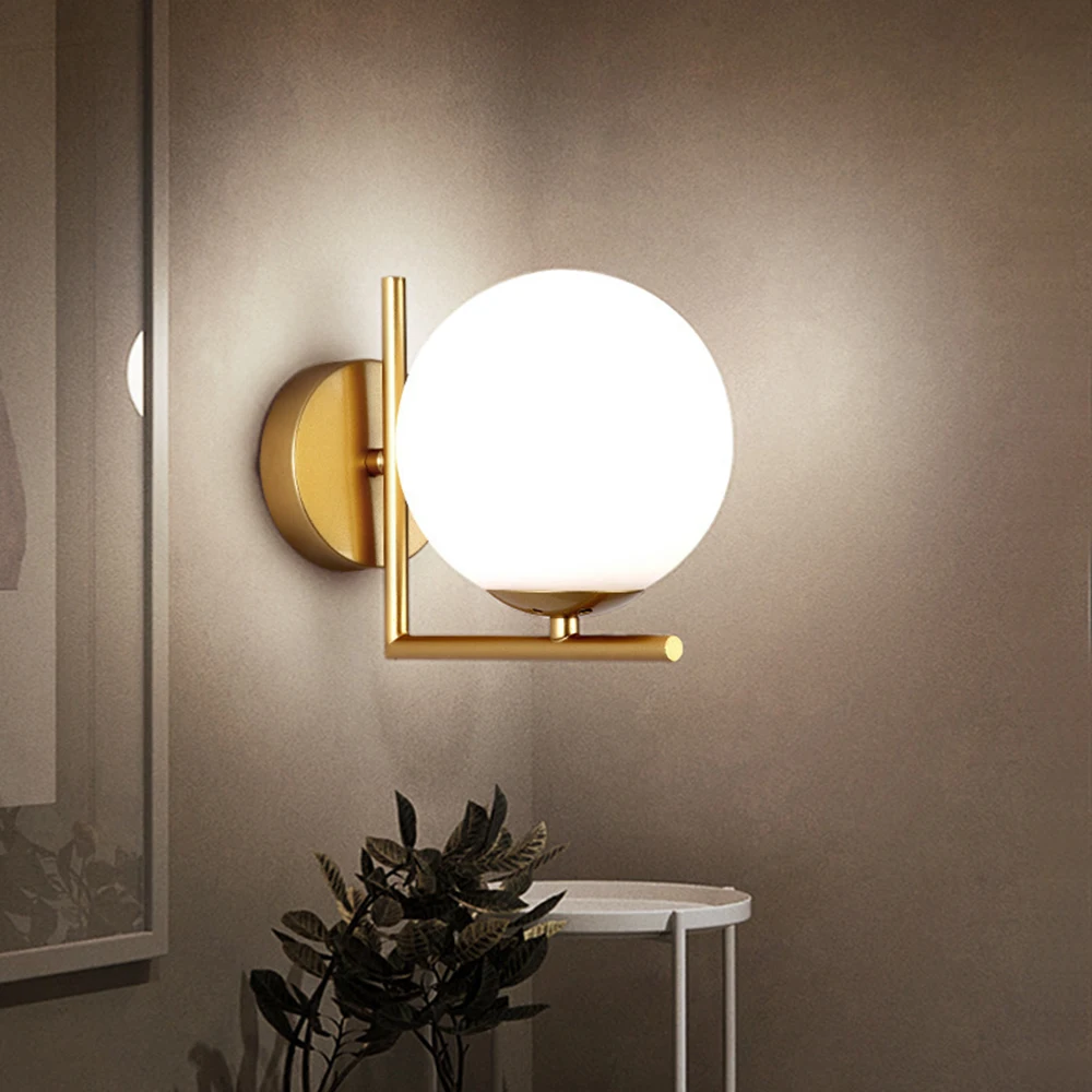 

Modern Simple Spherical Glass Wall Lamp Nordic Creative Gold Black Bedroom Bedside Lamp E27 LED Ball Wall Light for Living Room