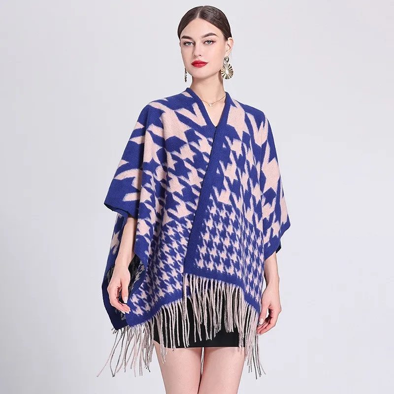 

Luxury Women's Warm Shawl Wrap Open Front Houndstooth Poncho Cape Shawls Winter Cardigan Wraps Printed Ponchos for Lady