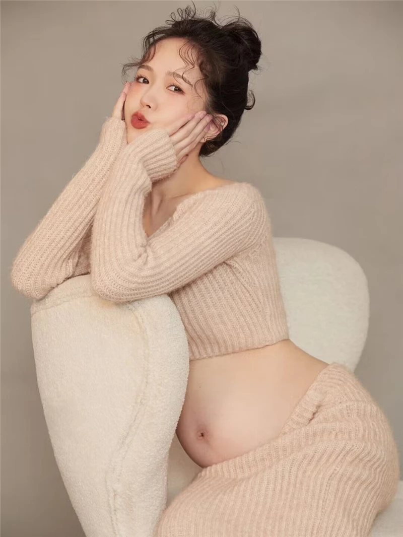 Dvotinst Women Photography Props Maternity Suit Pregnancy Knitted Short Sweater Skirt Casual Studio Shooting Photoshoot Clothes enlarge