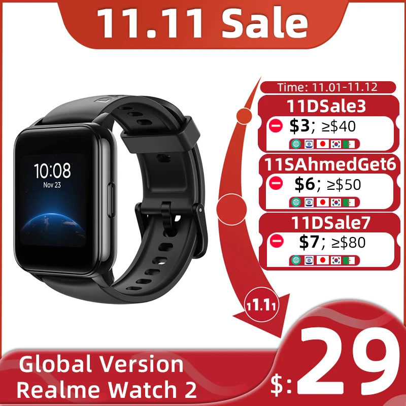 

Global Version realme Watch 2 Smart Watch 1.4'' Screen Blood Oxygen Monitor Heart Rate Smartwatch 12 Day Battery life
