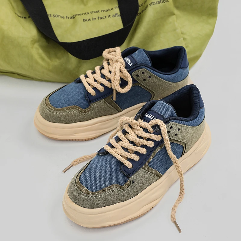 

Мужские парусиновые туфли в японском и корейском стиле ретро, повседневные уличные туфли из лавовой ткани, с толстой подошвой и кружевом, с низким верхом