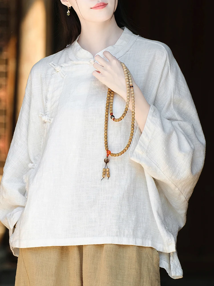 Свободные рубашки Ramie для женщин весна и осень 2024 новая женская одежда из хлопка