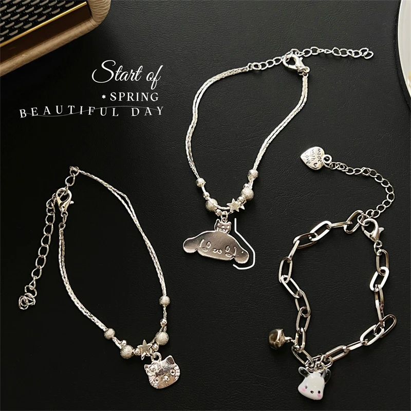 

Kawaii Sanrio Bracelet Hello Kitty Kuromi Cinnamoroll 925 Silver Cartoon Couples Accessories Jewelry Ornaments Holiday Gifts