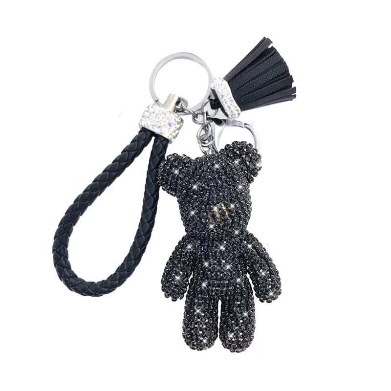 Creative Cartoon Sparkling Crystal Rhinestone Bear Key Chain Leather Tassel Woven Car Pendant Key Ring Handbag Pendant