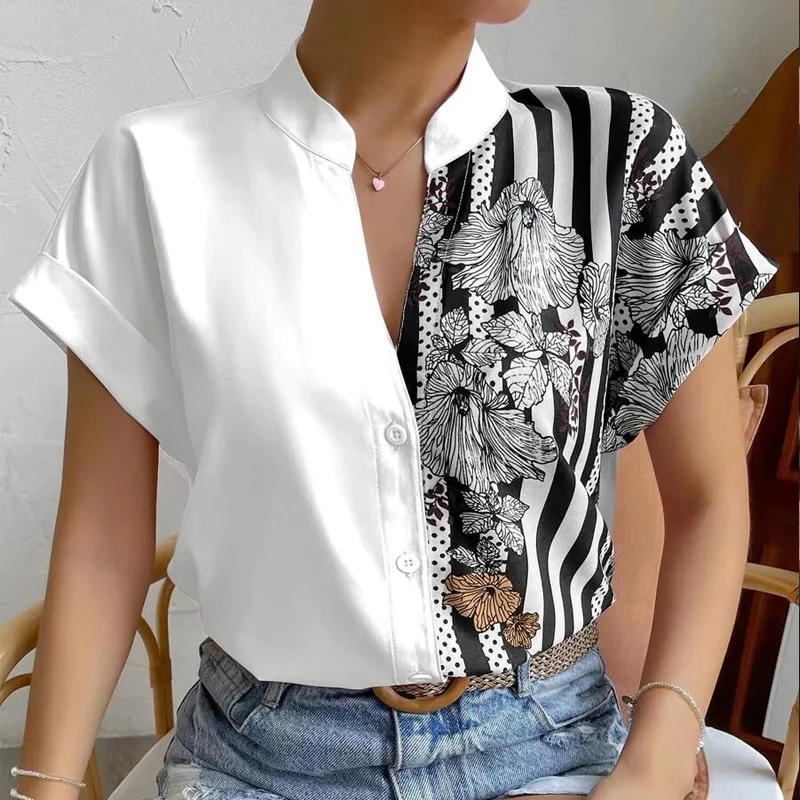 

Женская блузка с воротником-стойкой, Повседневная рубашка с коротким рукавом и контрастным цветочным принтом, Свободный Топ на пуговицах, модель 2023 на лето, 25037