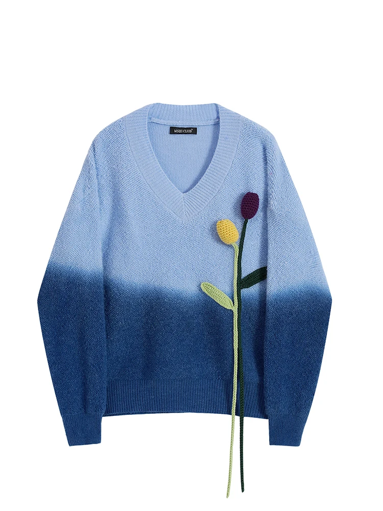 

Vintage Floral Decoration V-neck Blue Color Women Knitwear Baggy Long Sleeve Design Female Knit Pullover Sweater 2022 Autumn New
