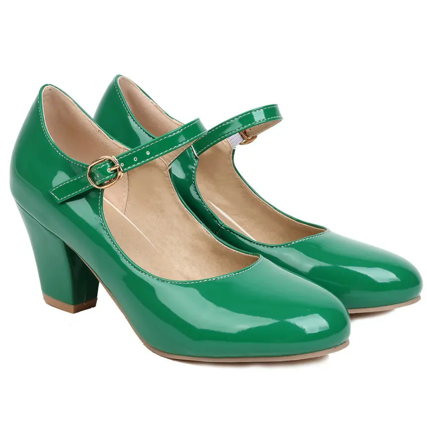 Eokkar Patent Leather Mary Janes Shoes High Heels Women Chunky Block Heel Pumps Buckle Closed Toe Square Toe Pumps Plush Size