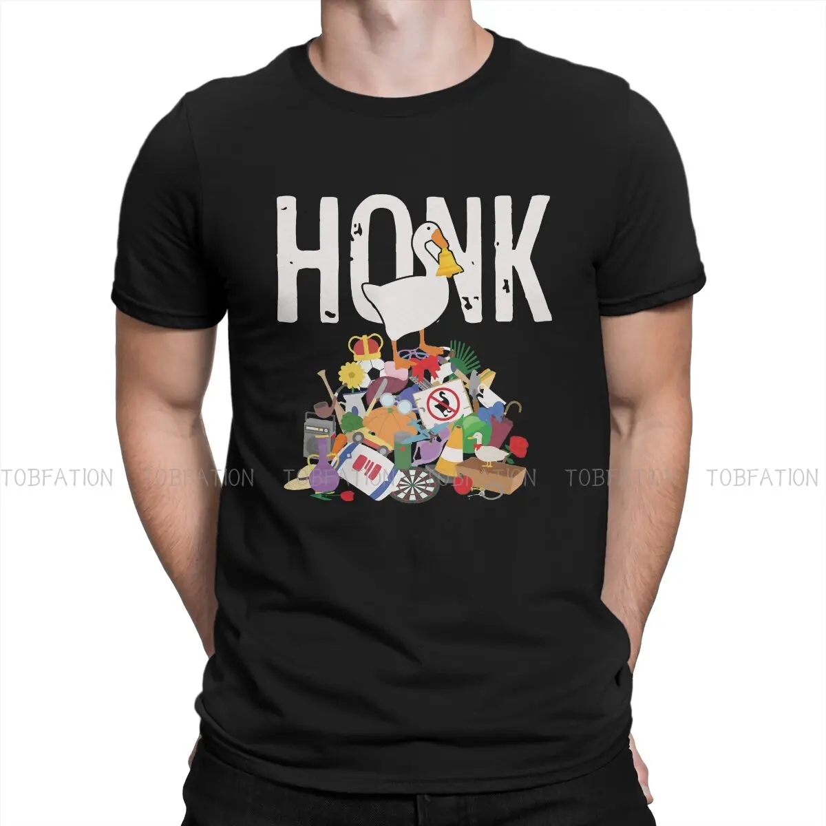 

Untitled Honk Fashion TShirts Goose Game Monkey Plays Drama Men Harajuku Fabric Streetwear T Shirt Round Neck