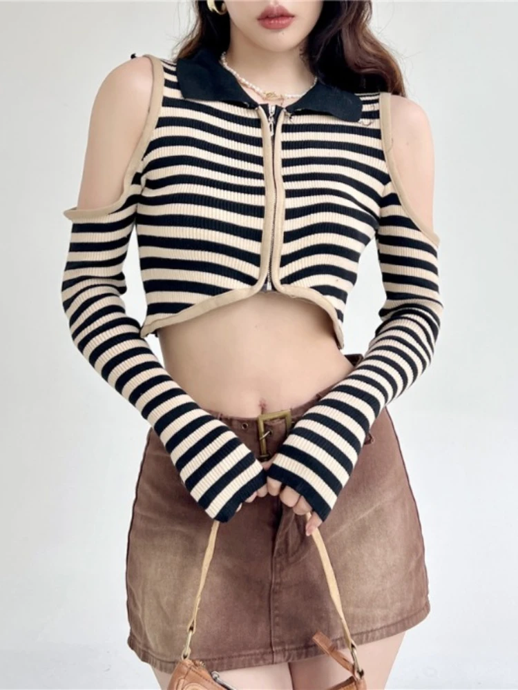 

2022 Vintage Cardigan Striped Off Shoulder Contrast Color Patchwork Y2k Clothes Zipper Female Slim Harajuku Streetwear Crop Tops