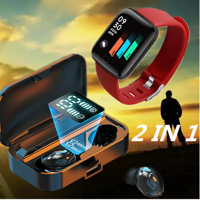 

2 In 1 LB-9 Wireless Bluetooth Earphones with 116 Plus Smart Watch TWS Handfree Gaming Headphones Fitness Monitoring Bracelet