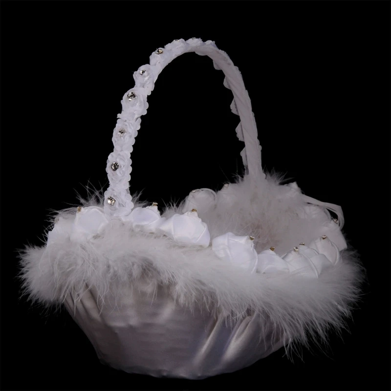 

X7YC Flower Girl Basket for Wedding Small White Satin Wrapped with Ostrich Fluff Rhinestone Faux Rose Flowers Decoration