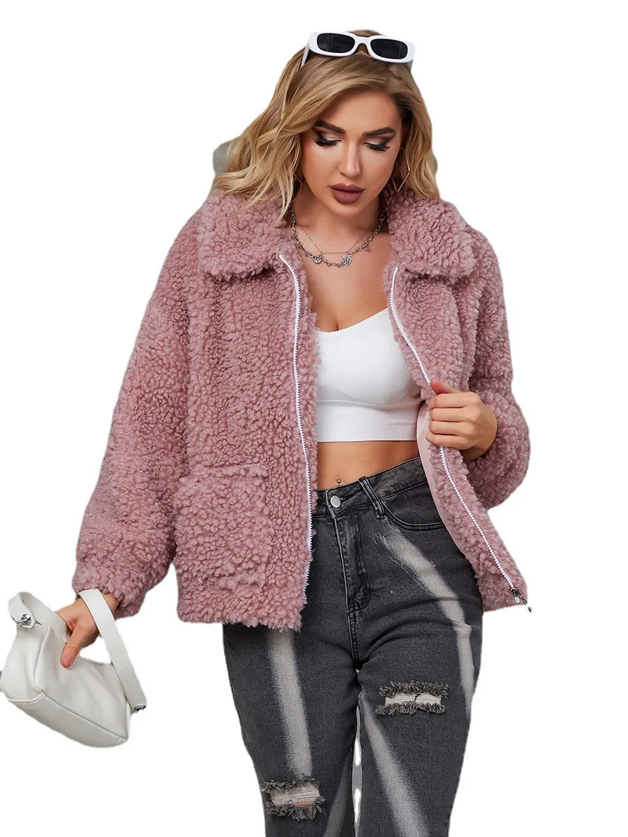 2022 new faux fur coat women's zipper short women's coat solid color lamb hair