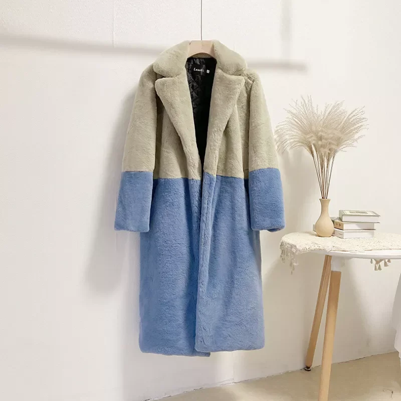 New2022 New Women Winter Warm Faux Fur Coat Color Patch Thick Women Long Coat Turn Down Collar Women Warm Fur Coat