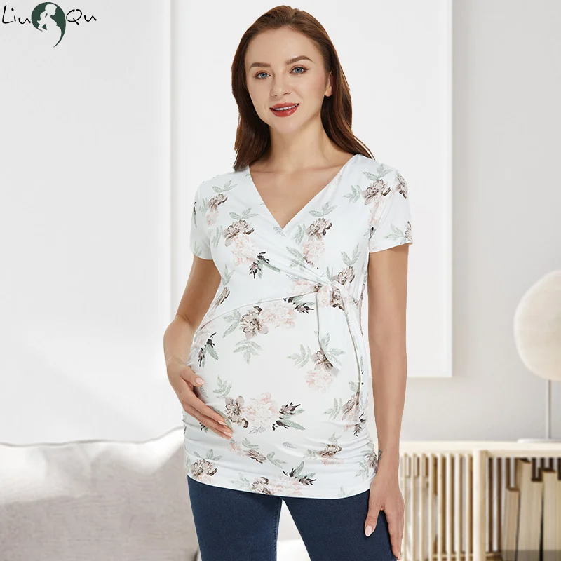 Women's pregnancy upper shirts for pregnant women short sleeve polka dot v-neck comformation cute t-shirts for pregnant