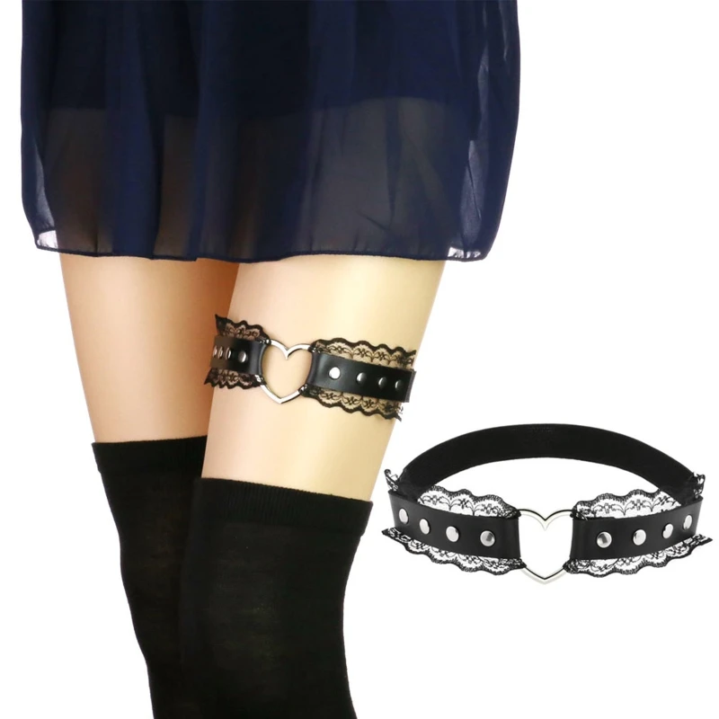 

Elastic PU Leather Leg Harness Garter Belt with Pleated Lace Gothic Thigh Chain