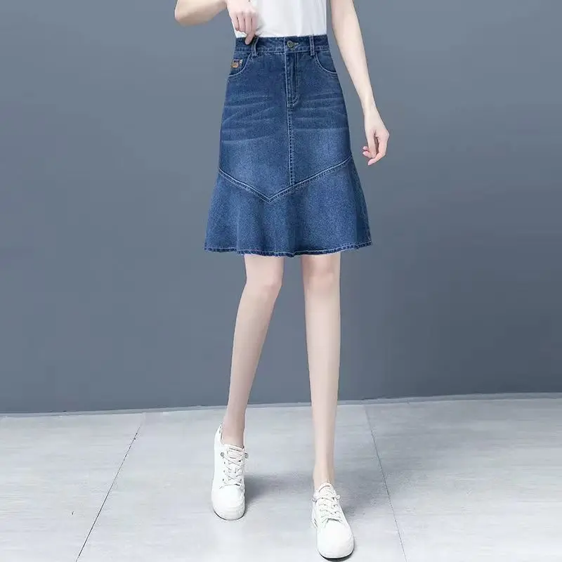 

Denim Fishtail Skirt 2022 Spring Summer New Thin Section High Waist Thin Hot Girl loose size A-line Denim Skirt Jean Skirts A09