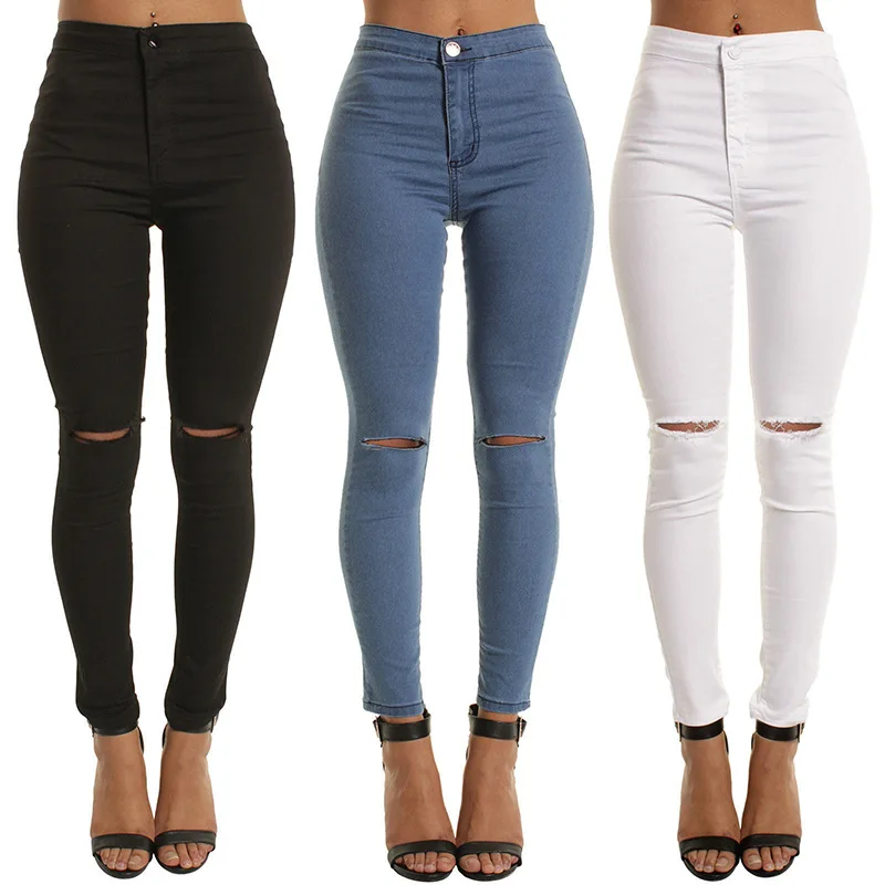 

Европейские и американские эластичные джинсы, облегающие колени с дырками, джинсовые укороченные Леггинсы для взрослых для женщин, синие