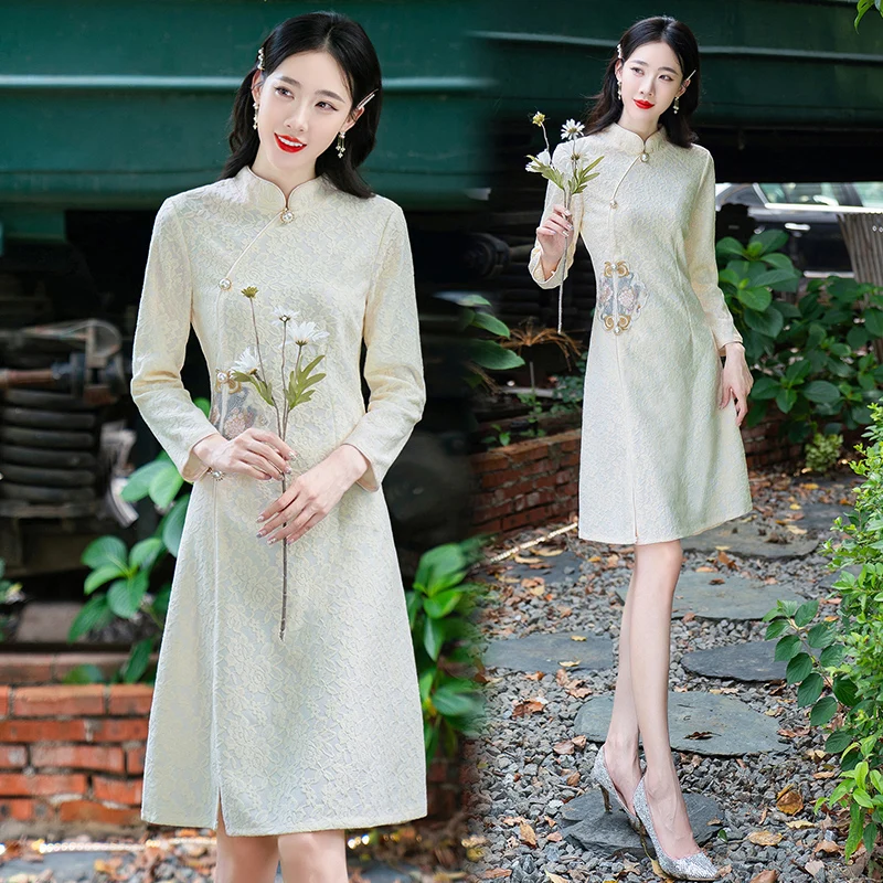 

Кружевное платье-Ципао с вышивкой в новом стиле, традиционное китайское платье с длинным рукавом, модное вечернее свадебное платье для дево...