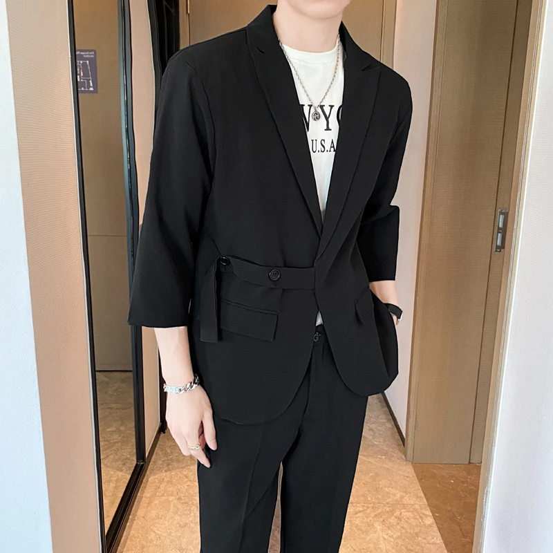 Korean Men's Suits 2022 Summer 3/4 Sleeves Loose Casual Blazer Belt Solid Office Work Social Prom Wedding Suit Costume Homme