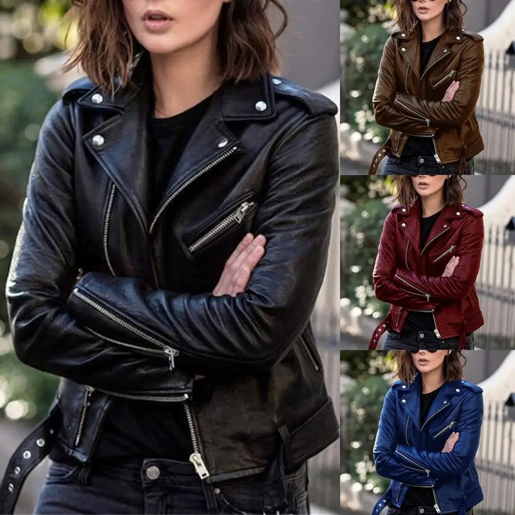 

Women Jacket Solid Color Turndown Collar Autumn Winter Long Sleeve Zipper Coat with Belt for Riding