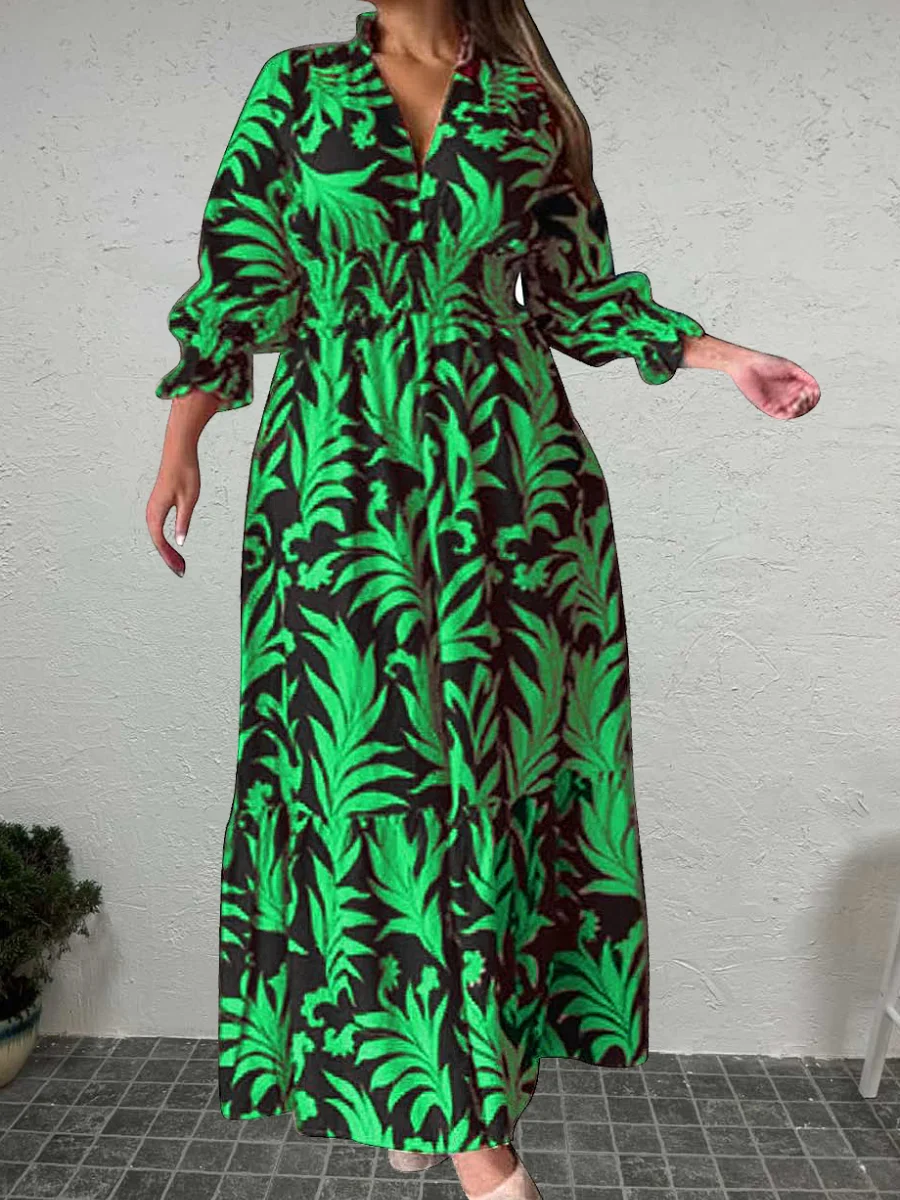 

LW Women Clothes 2023 Autumn Vintage Boho Floral Print V Neck Long Sleeve Shirred A Line Elegant Maxi Dress