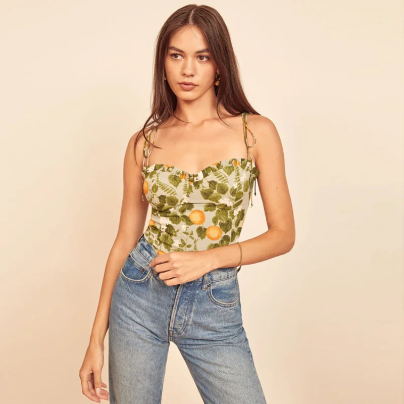 

Ref * Viscose Fiber Printed Strap Top 2021 Summer New French Vintage European and American Women's Wear