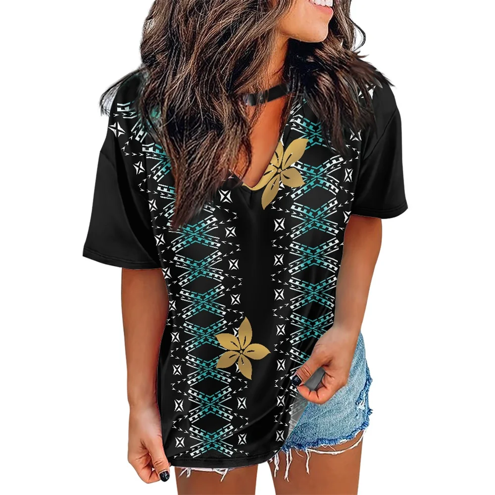 

Sublimation Print Casual V-neck Tunic Blouse Summer Loose Ladies T-shirts Polynesian Tribal Samoa Blue Tapa Floral Print T-Shirt