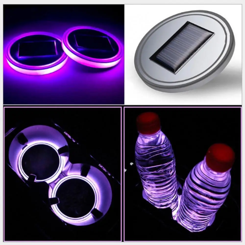 

Waterproof 2Pcs LED Car Coaster Light Red Blue Green Solar Luminescent Cup Pad Mat IP67 Car Decor Non-slip Bottle Holder Coaster