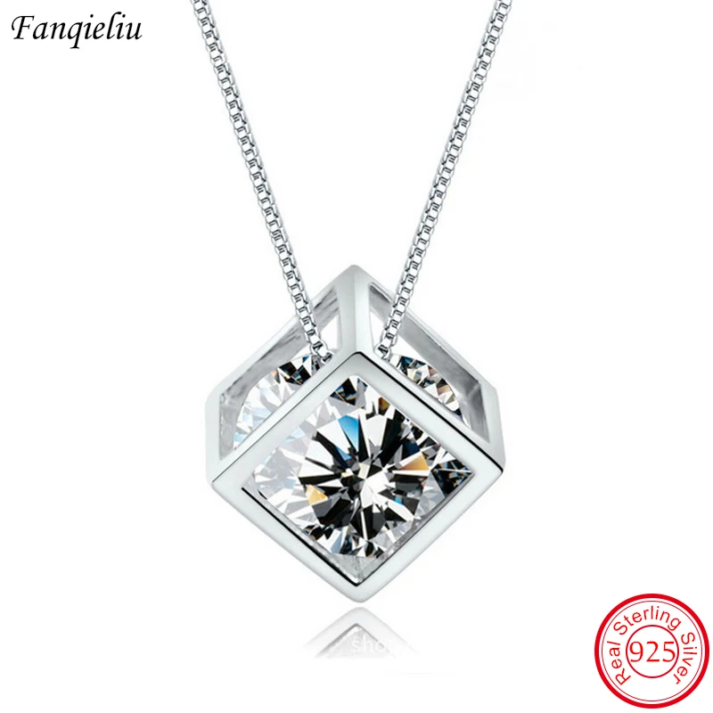 

Fanqieliu Real 925 Sterling Silver Necklace For Woman Crystal Movable Square Pendant Trendy Jewelry New Gift Girl FQL22095