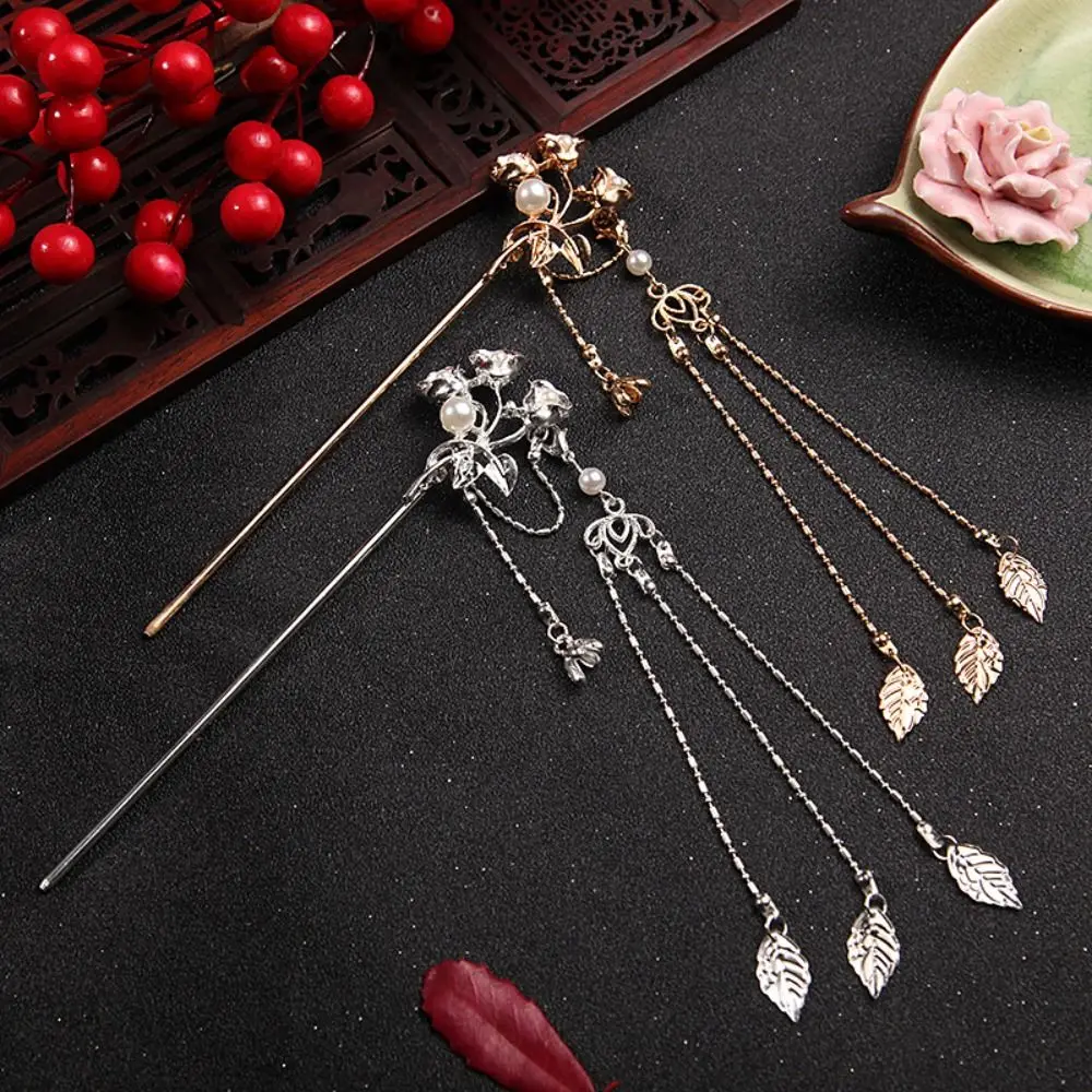 

Gold Color Elegant Pearl Tassel Hanfu Hair Stick Chain Flower Headpiece Chinese Style Hair Forks Hair Accessories Women Hairpin