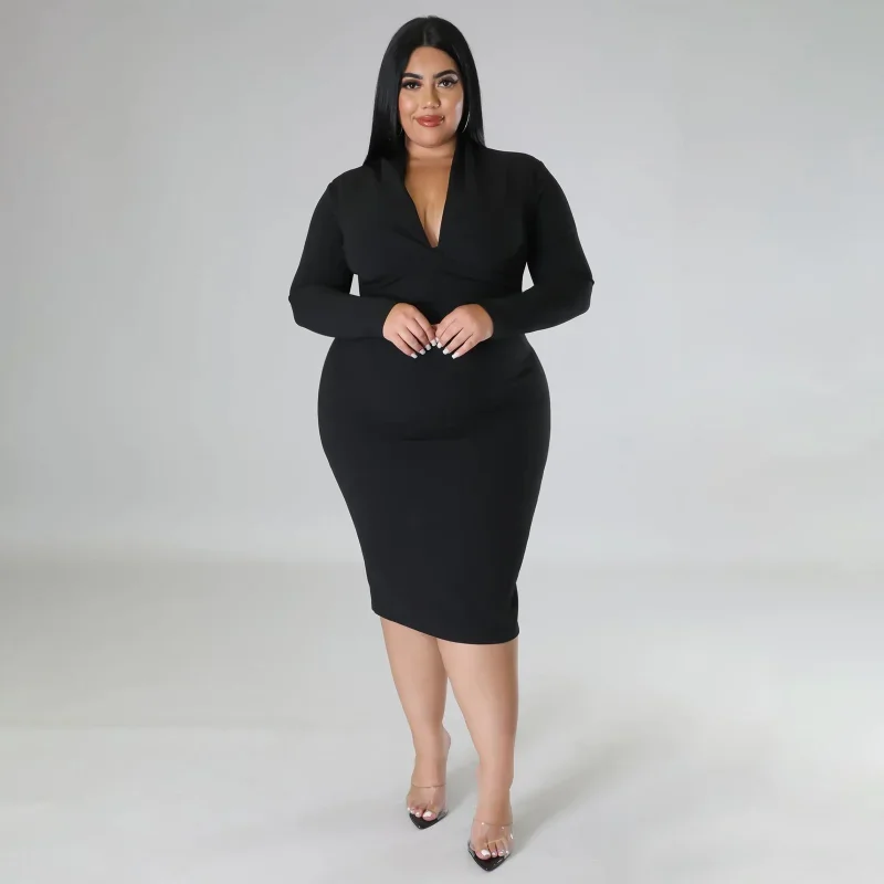 Женское облегающее платье до колен с V-образным вырезом и длинным рукавом